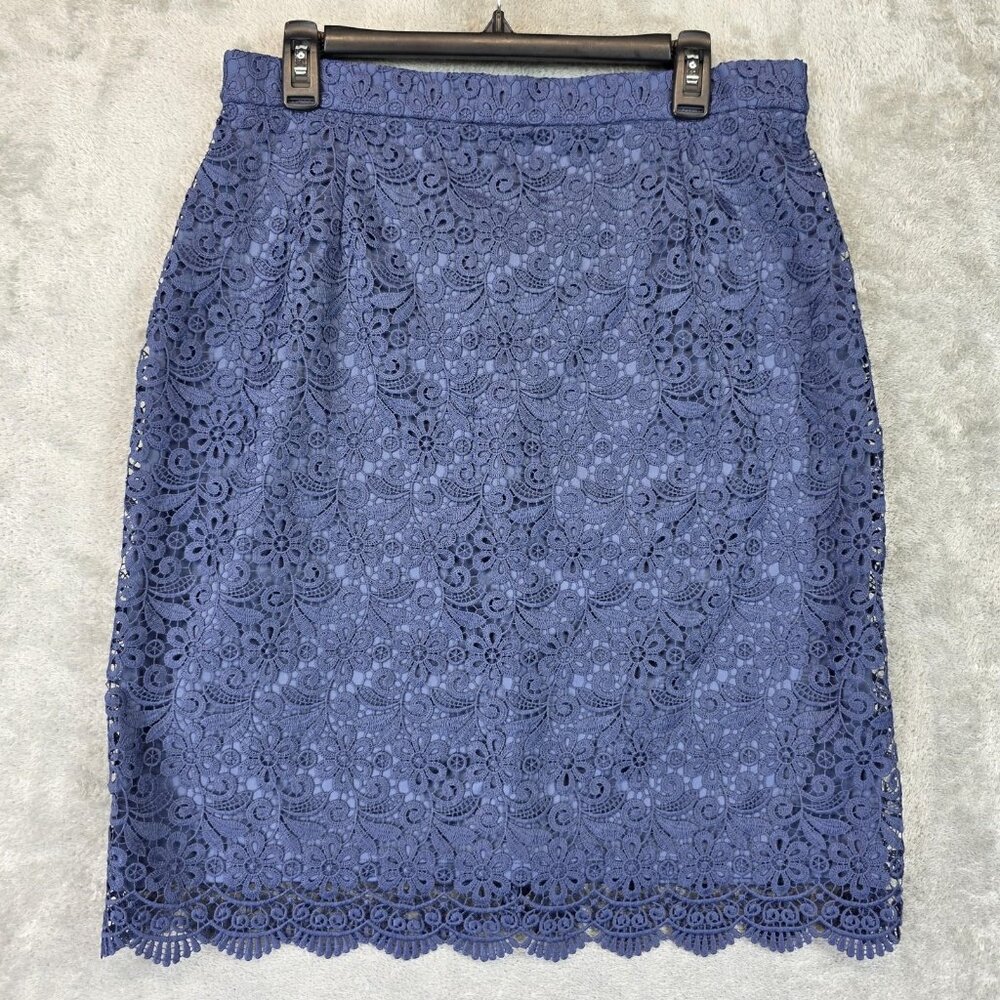 Uniqlo Skirt Womens Size XL Blue Floral Lace Overlay Pencil Lined Elegant